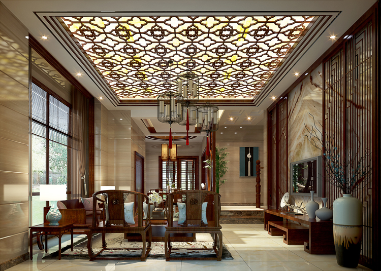 佛山市綠城桂語映月新中式風格別墅裝修案例