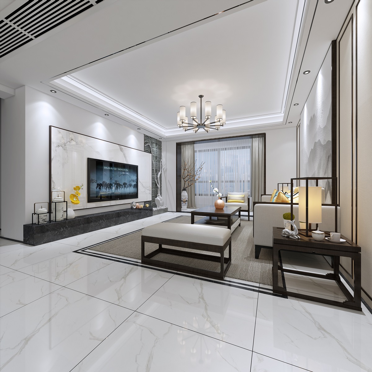 新中式風格室內裝修設計效果圖-中海文華熙岸三居115平米-室內裝修設計客廳 新中式風格室內裝修設計效果圖-中海文華熙岸三居115平米-室內裝修設計客廳