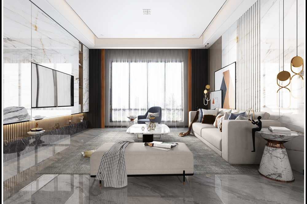 湖州市融創(chuàng)金成·湖山賦輕奢風格三居室裝修案例